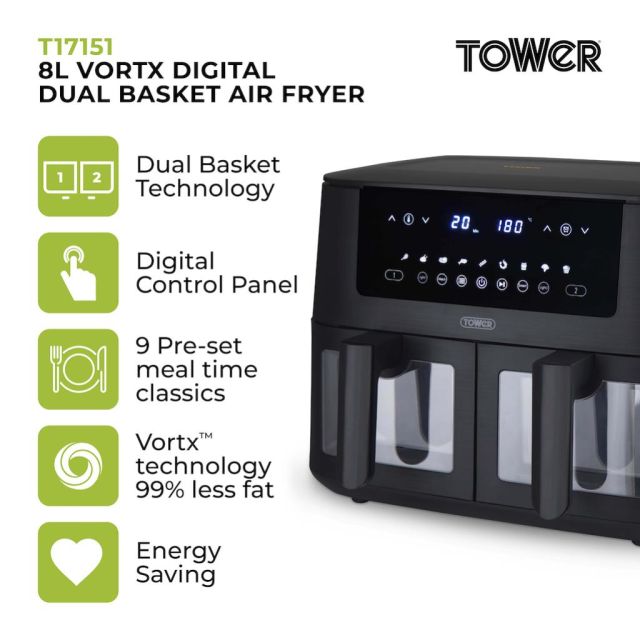 Tower T17151 Vortx 8L Vizion Dual Basket Air Fryer - Black