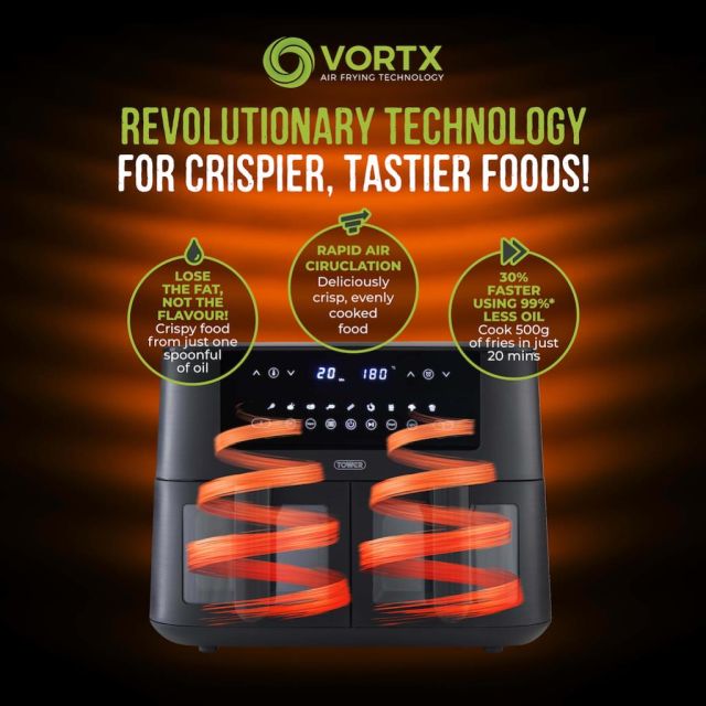 Tower T17151 Vortx 8L Vizion Dual Basket Air Fryer - Black